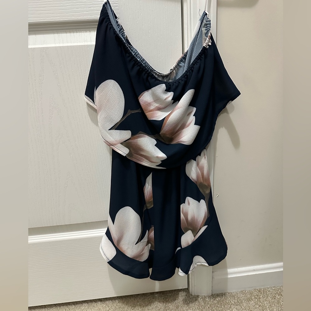 Navy blue floral strapless romper